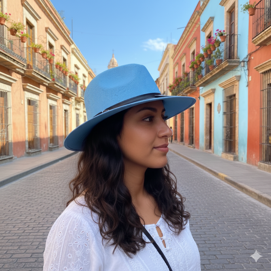 Woman wearing a blue hat on a colorful street in a sunny day