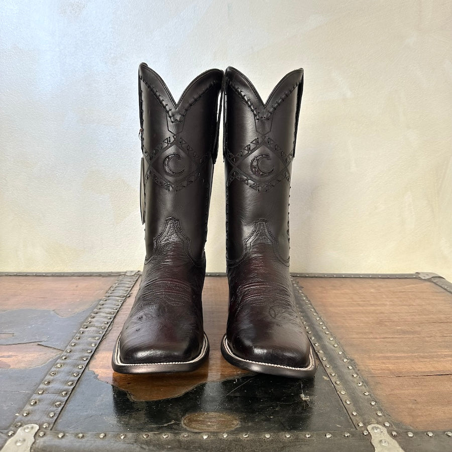Cuadra Mens Ostrich Belly Flame Black Cherry Leather Boots 3Z01AB