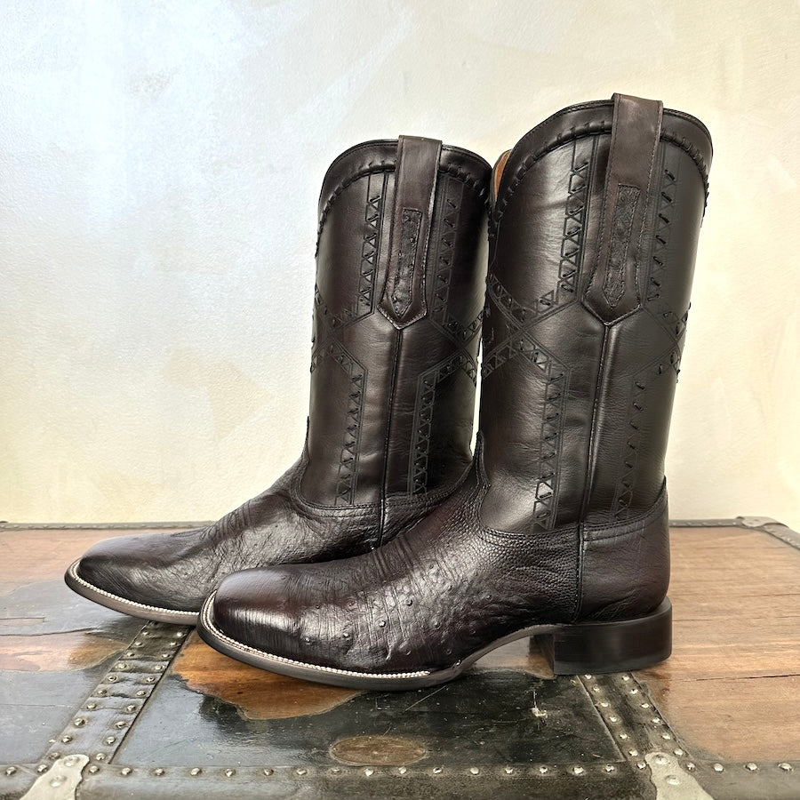 Cuadra Mens Ostrich Belly Flame Black Cherry Leather Boots 3Z01AB
