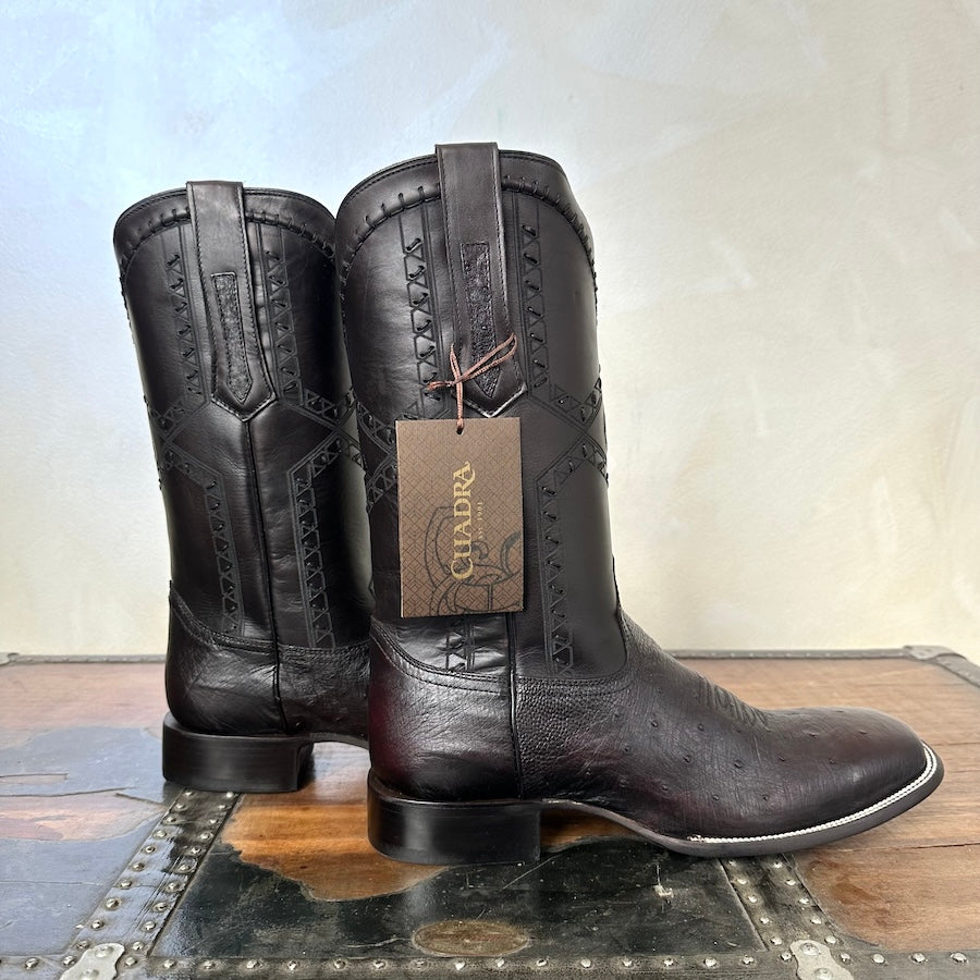Cuadra Mens Ostrich Belly Flame Black Cherry Leather Boots 3Z01AB