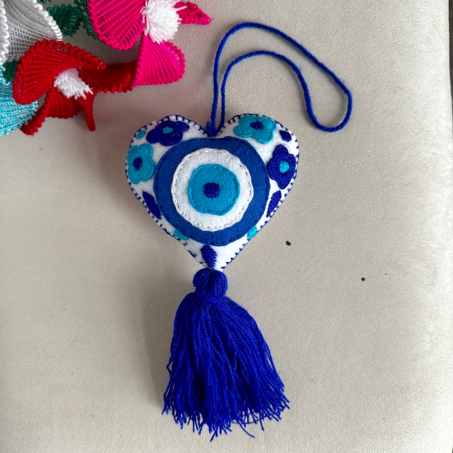 Evil Eye Embroidered Heart Tassel