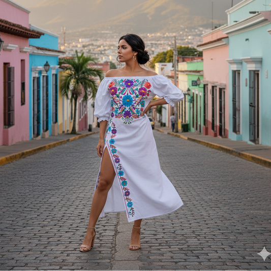 Woman in a colorful embroidered dress standing on a colorful street with mountains in the background
