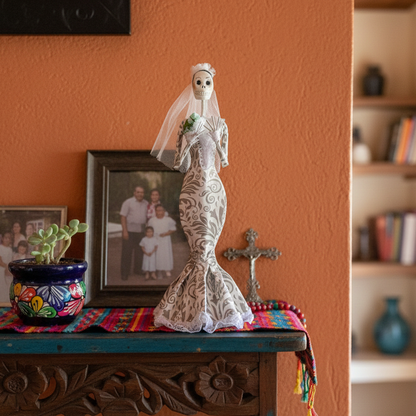 Decorative figure of a bride on a table with a cross and family photo in the background.