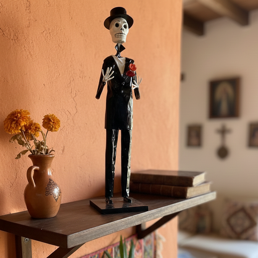 Decorative shelf with skeleton figurine, books, and vase against a warm-toned wall.