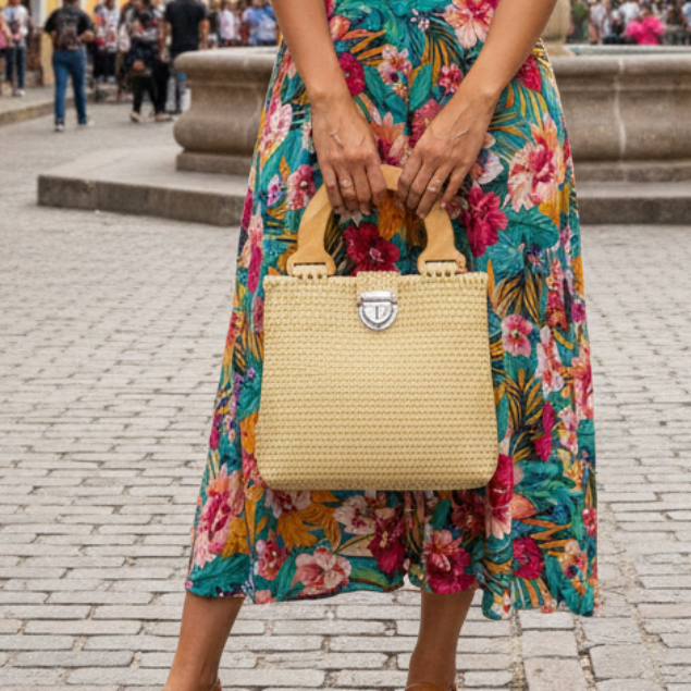 Woman in a floral dress standing on a street in a colorful, European-style town.