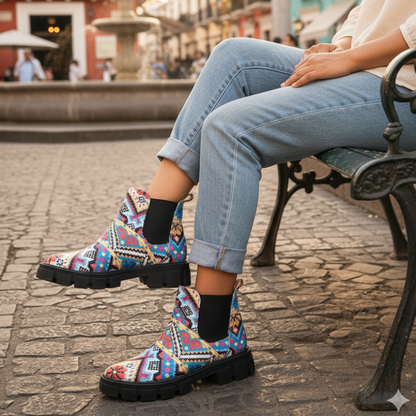 Person wearing colorful patterned boots sitting on a bench in an urban setting.