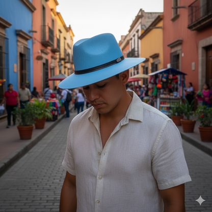 Man wearing a blue hat and white shirt on a colorful street.