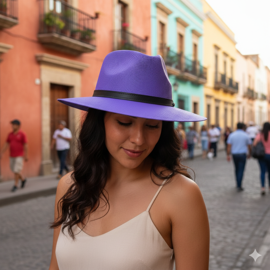 Woman wearing a purple hat on a street with colorful buildings