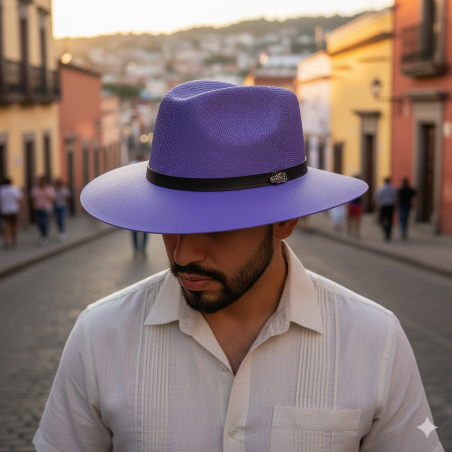 Man wearing a purple hat and light-colored shirt on a street with buildings in the background