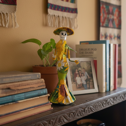 Decorative shelf with books, a potted plant, and a colorful skeleton figurine.