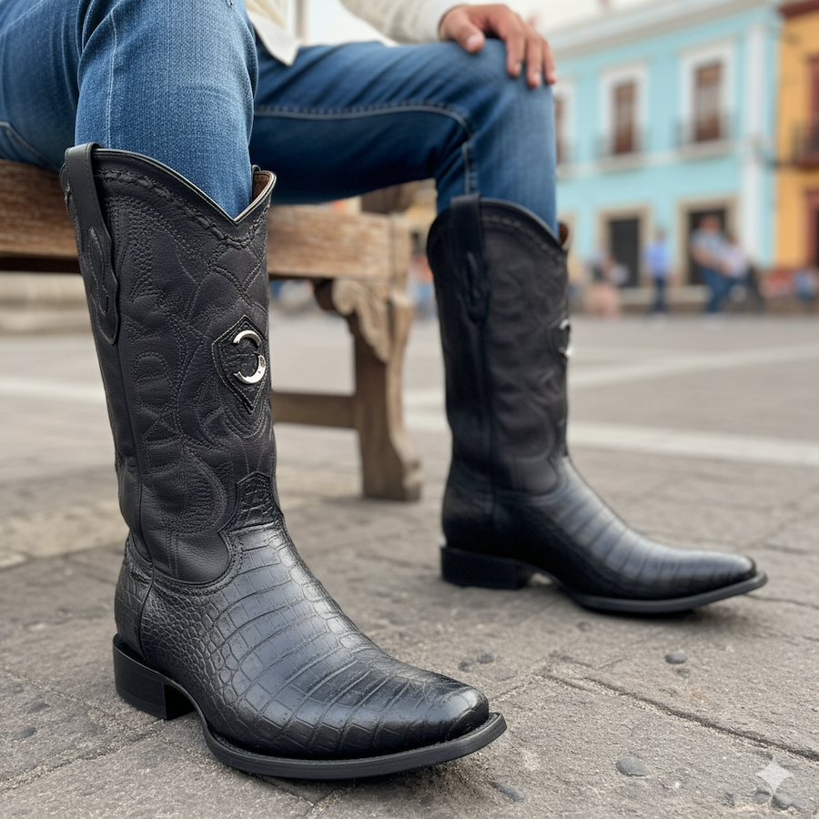 Cuadra Mens Fuscus Caiman Belly Black Embroidery Boots 3C1NFY