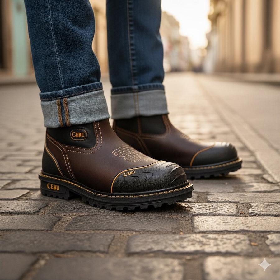 Brown leather boots with 'Cebu' branding worn on a cobblestone street.